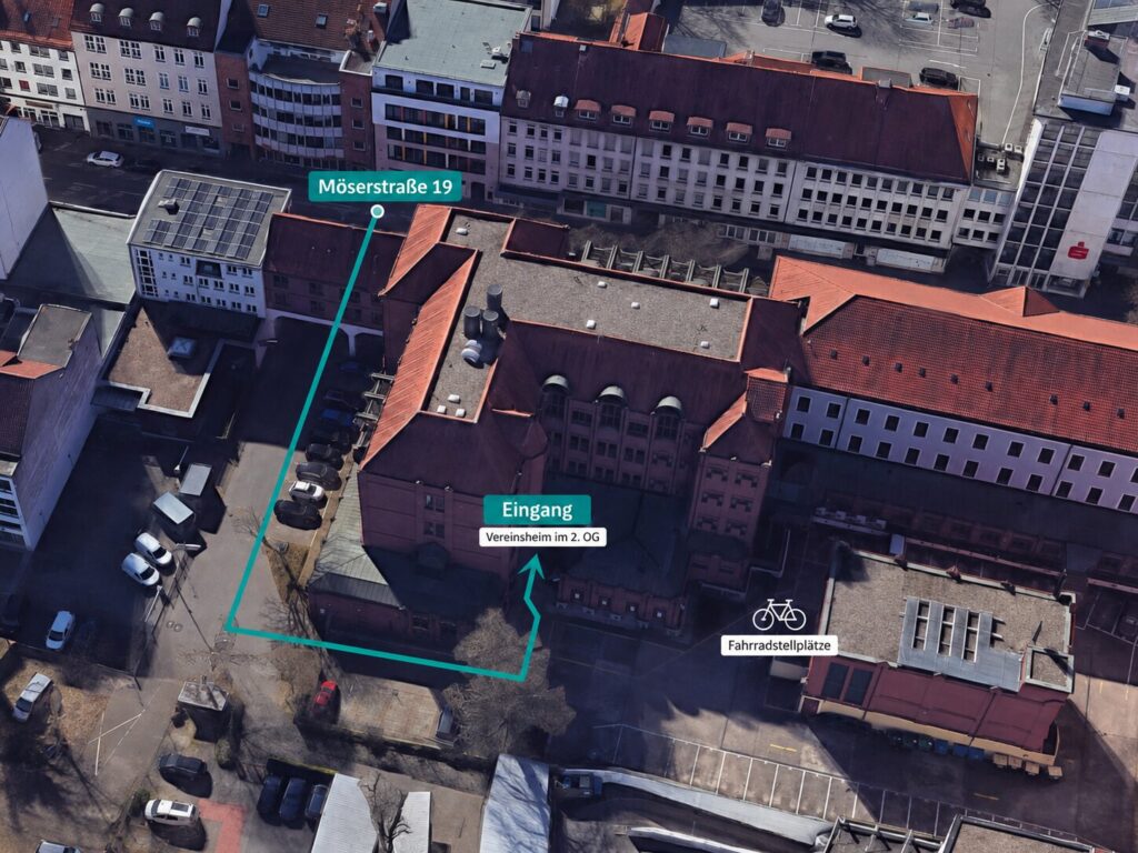 Directions to TFC Osnabrück at Möserstraße 19, showing the route through the courtyard to the entrance